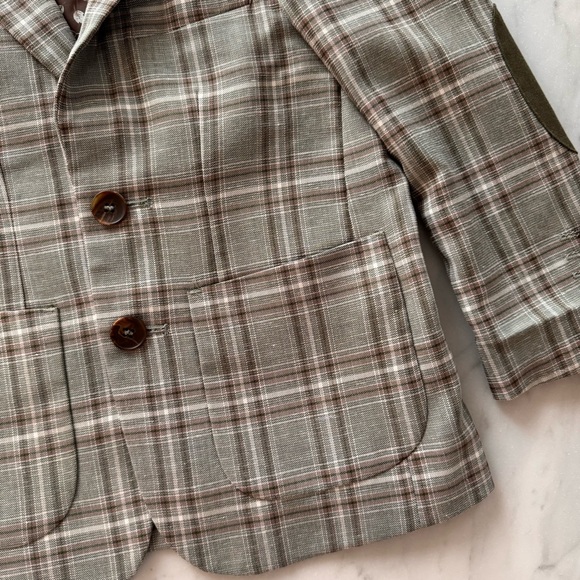 Isaac Mizrahi NewYork Boys 4 Checked Blazer Olive Brown Oxford Plaid Linen Elbow - Picture 3 of 12